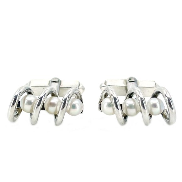Modernist Akoya Saltwater Cultured Pearl Swirl Mid-Century Cufflinks- Sterling - Picture 1 of 3